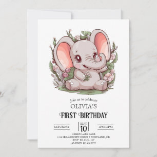 Playful Cartoon Elephant 1st Birthday Digital Invitation