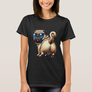 Playful Cartoon Pug Dog Illustration Wearing Sungl T-Shirt