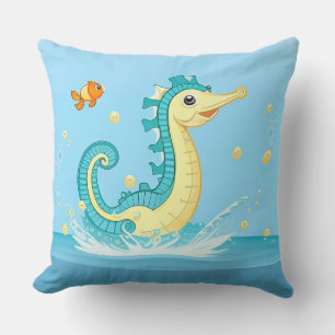 Playful Cartoon Seahorse in Blue Water Throw Pillow