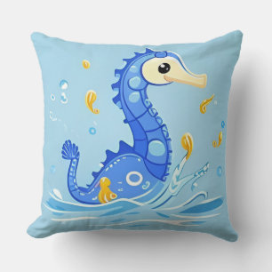 Playful Cartoon Seahorse in Blue Water Throw Pillow