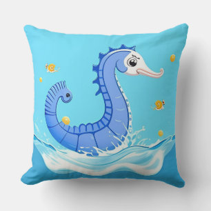Playful Cartoon Seahorse in Blue Water Throw Pillow