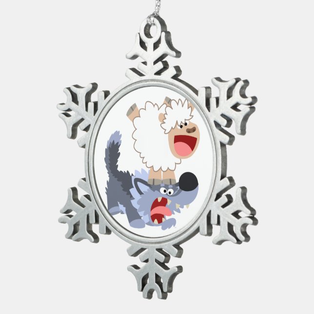 Playful Cartoon Sheep and Wolf Pewter Ornament (Right)