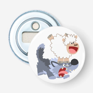 Playful Cartoon Sheep & Wolf Button Bottle Opener