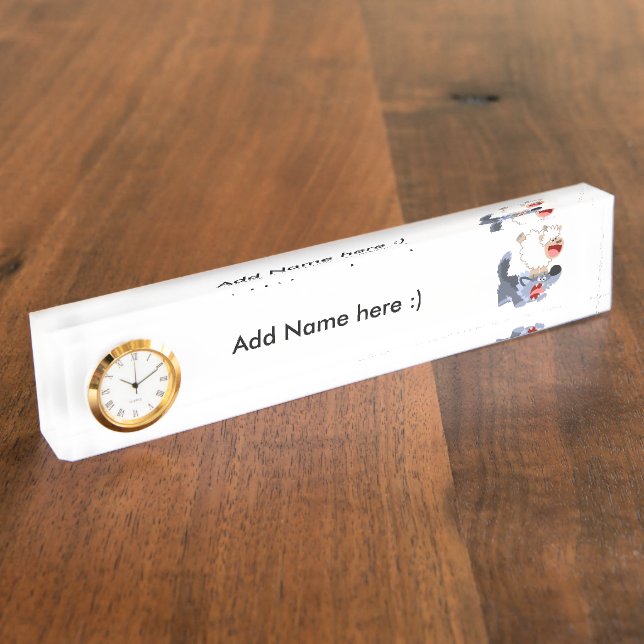 Playful Cartoon Sheep & Wolf Name Plate with Clock (Side)