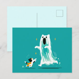Playful Cat and Friendly Ghost – Cute Halloween Holiday Postcard