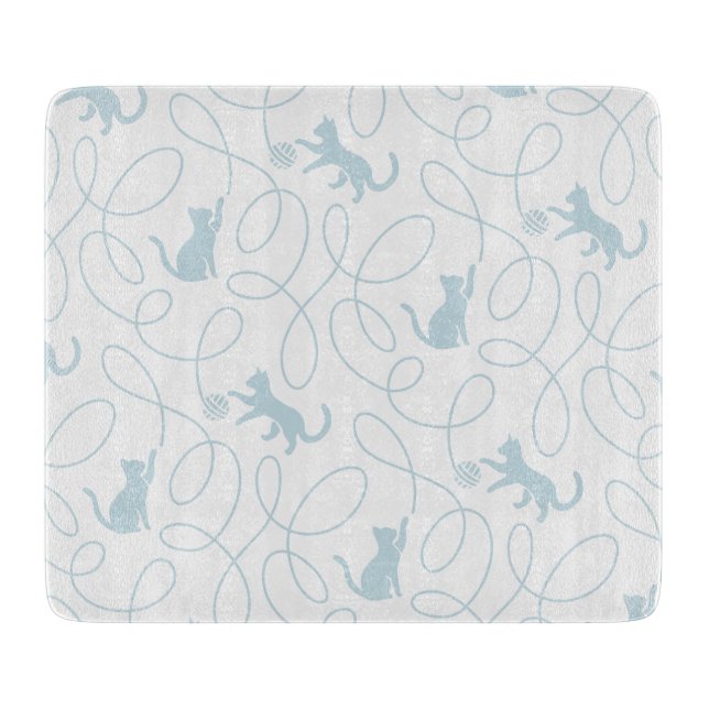 Playful Cat and Yarn Ball Pattern Light Blue Cutting Board (Front)