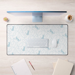 Playful Cat and Yarn Ball Pattern Light Blue Desk Mat