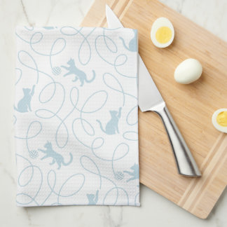 Playful Cat and Yarn Ball Pattern Light Blue Kitchen Towel