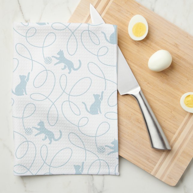Playful Cat and Yarn Ball Pattern Light Blue Kitchen Towel (Quarter Fold)