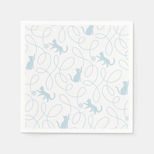 Playful Cat and Yarn Ball Pattern Light Blue Napkin (Front)
