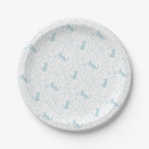 Playful Cat and Yarn Ball Pattern Light Blue Paper Plate
