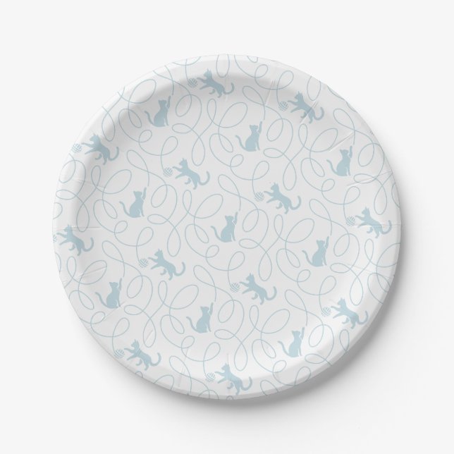 Playful Cat and Yarn Ball Pattern Light Blue Paper Plate (Front)