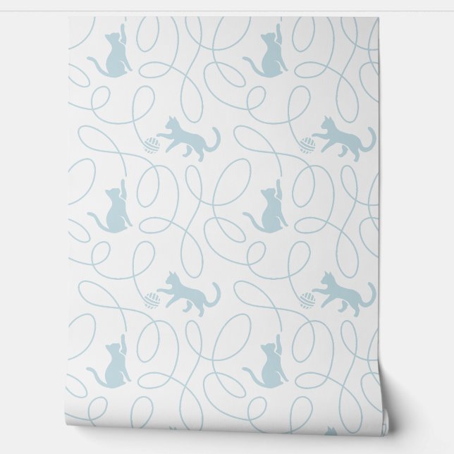 Playful Cat and Yarn Ball Pattern Light Blue Wallpaper (Unrolling)