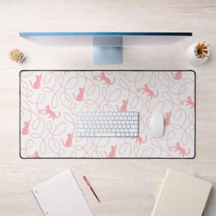 Playful Cat and Yarn Ball Pattern Light Coral Pink Desk Mat
