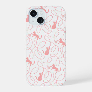 Playful Cat and Yarn Ball Pattern Light Coral Pink iPhone 15 Case