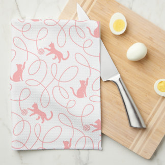 Playful Cat and Yarn Ball Pattern Light Coral Pink Kitchen Towel