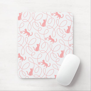 Playful Cat and Yarn Ball Pattern Light Coral Pink Mouse Pad