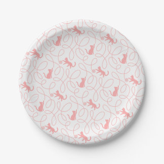 Playful Cat and Yarn Ball Pattern Light Coral Pink Paper Plate