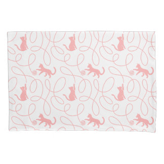 Playful Cat and Yarn Ball Pattern Light Coral Pink Pillowcase