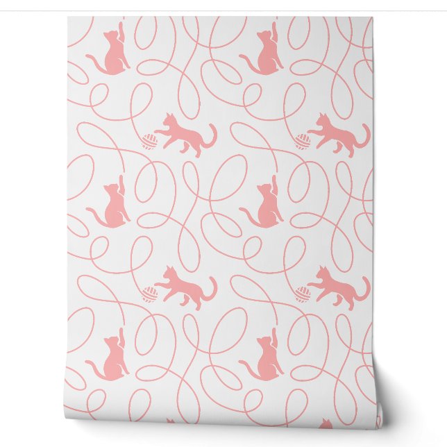 Playful Cat and Yarn Ball Pattern Light Coral Pink Wallpaper (Unrolling)