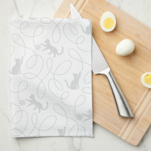 Playful Cat and Yarn Ball Pattern Light Grey Kitchen Towel