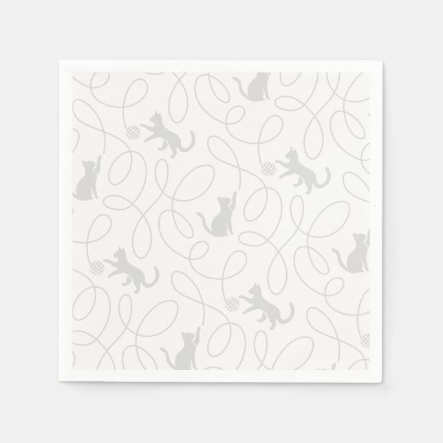 Playful Cat and Yarn Ball Pattern Light Grey Napkin (Front)
