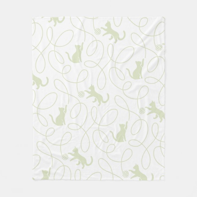 Playful Cat and Yarn Ball Pattern Light Sage Green Fleece Blanket (Front)