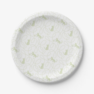 Playful Cat and Yarn Ball Pattern Light Sage Green Paper Plate