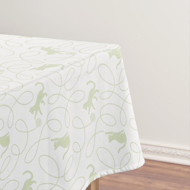 Playful Cat and Yarn Ball Pattern Light Sage Green Tablecloth (In Situ)