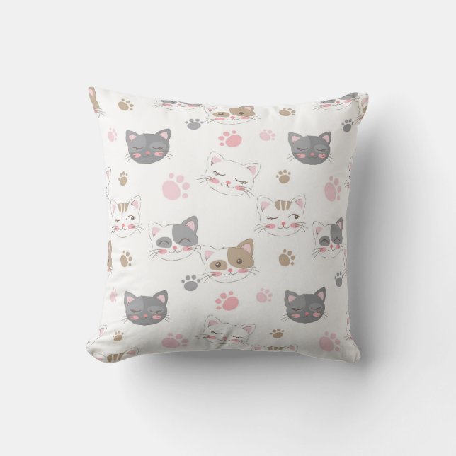 Playful Cat Faces and Paw Prints Throw Pillow (Front)