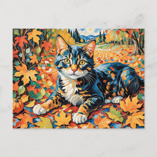 Playful Cat in Autumn Leaves Postcard