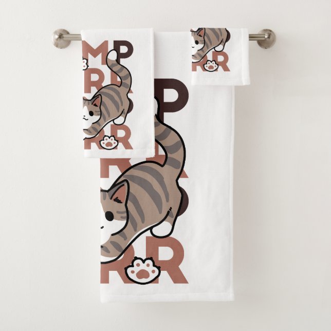 Playful Cat Jump Design - Jump Purr Pun Artwork Bath Towel Set (Insitu)