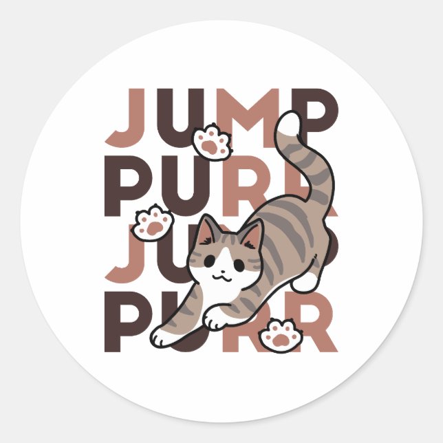 Playful Cat Jump Design - Jump Purr Pun Artwork Classic Round Sticker (Front)