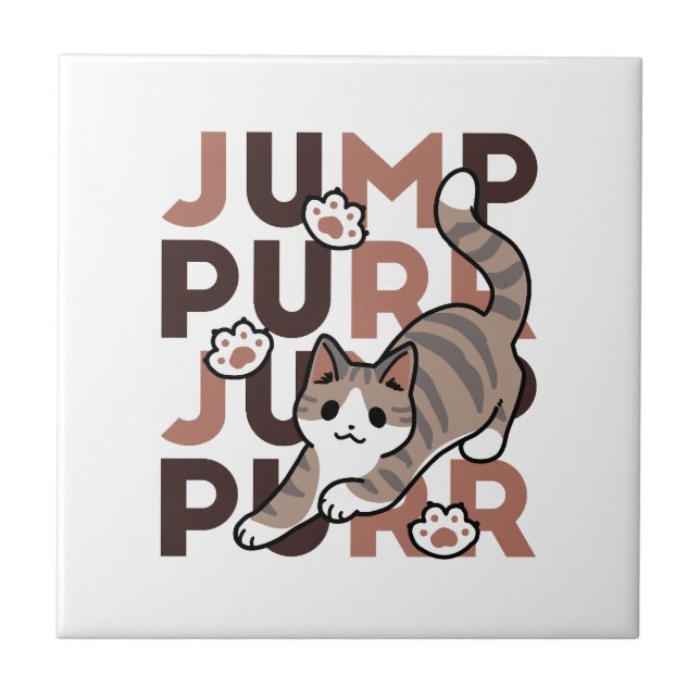Playful Cat Jump Design - Jump Purr Pun Artwork Tile (Front)