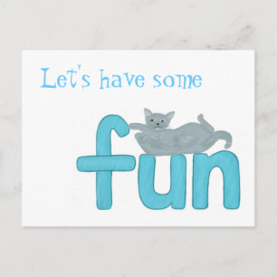 Playful cat laying on the word fun, postcards