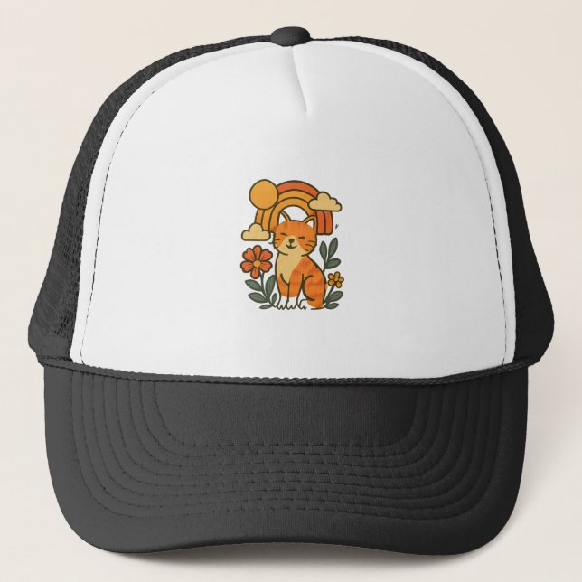 Playful Cat & Rainbow Graphic Tee - Vibrant Nature Trucker Hat (Front)