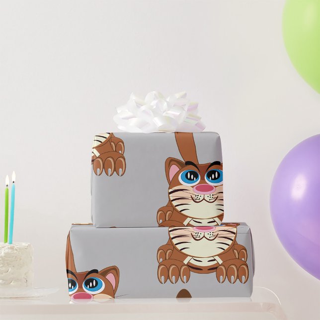 Playful Cat with Big Blue Eyes Fun Whimsical Kitty Wrapping Paper (Creator Uploaded)