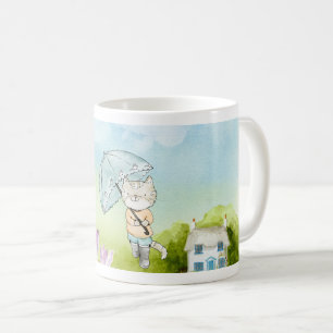 Playful Cat with Butterfly and Umbrella in Nature  Coffee Mug