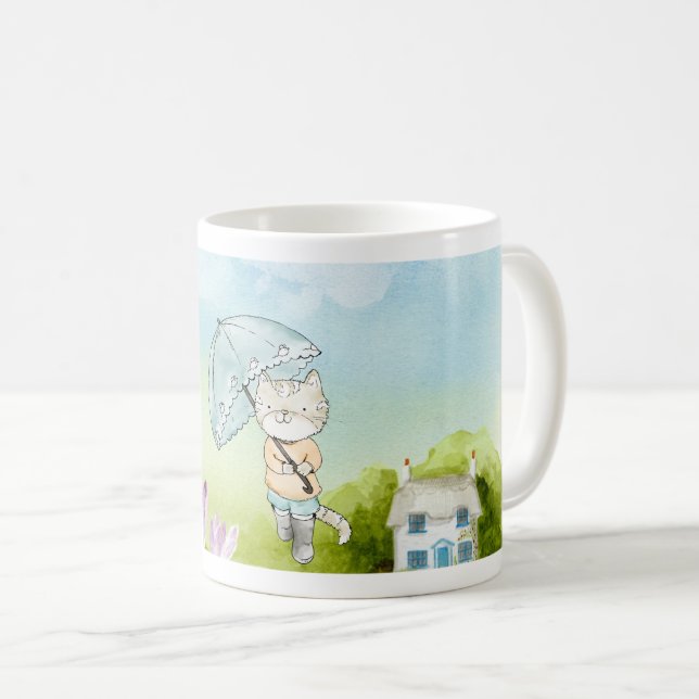 Playful Cat with Butterfly and Umbrella in Nature  Coffee Mug (Front Right)