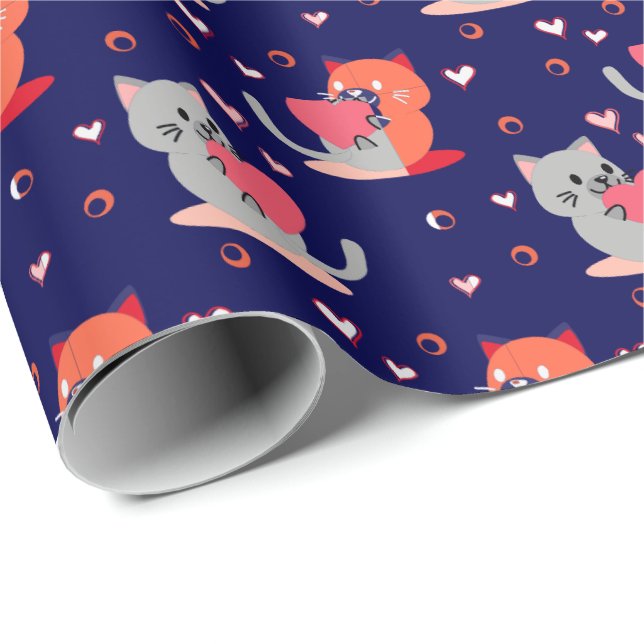 Playful Cat Wrapping Paper – Navy Blue Hearts (Roll Corner)