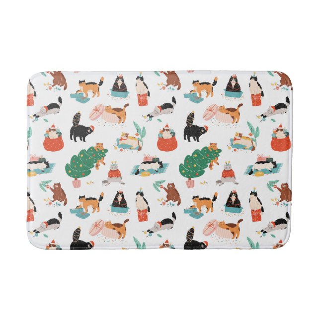 Playful Cats and Christmas Trees Pattern Bath Mat (Front)