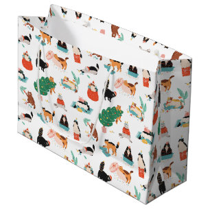 Playful Cats and Christmas Trees Pattern Large Gift Bag