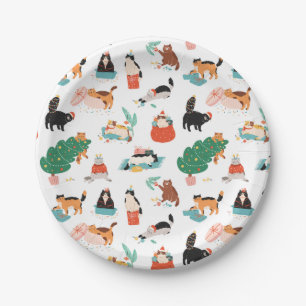 Playful Cats and Christmas Trees Pattern Paper Plate