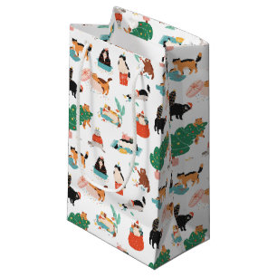 Playful Cats and Christmas Trees Pattern Small Gift Bag