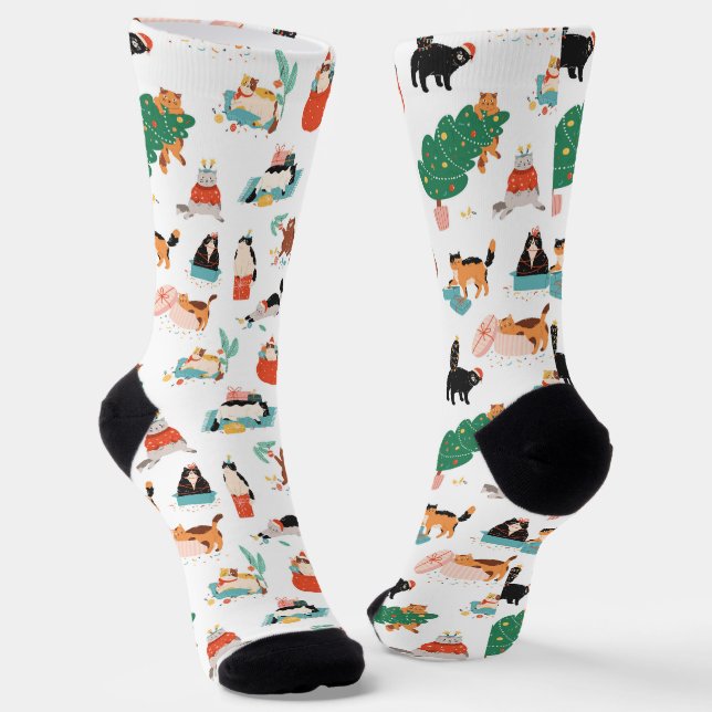 Playful Cats and Christmas Trees Pattern Socks (Angled)