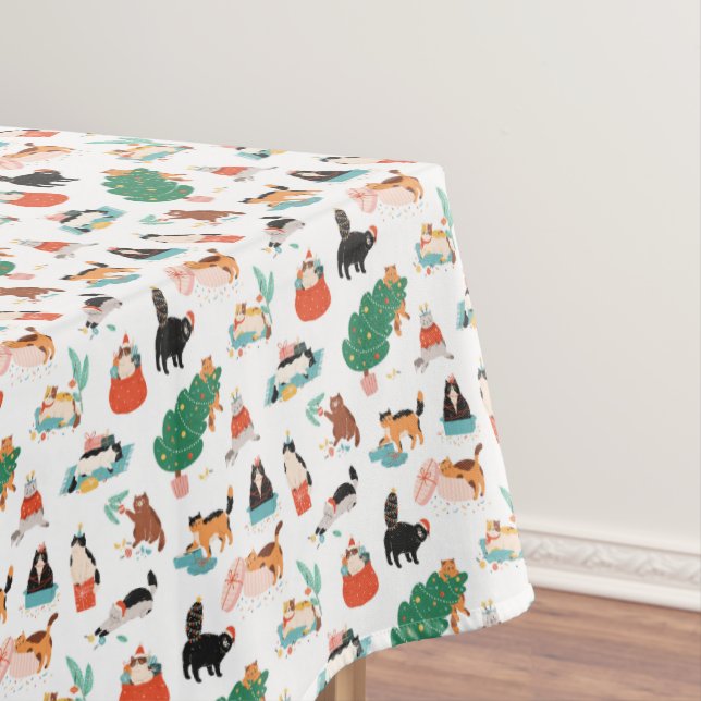 Playful Cats and Christmas Trees Pattern Tablecloth (In Situ)