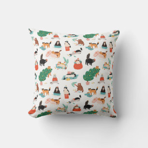 Playful Cats and Christmas Trees Pattern Throw Pillow
