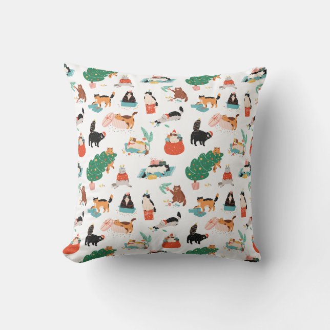 Playful Cats and Christmas Trees Pattern Throw Pillow (Front)