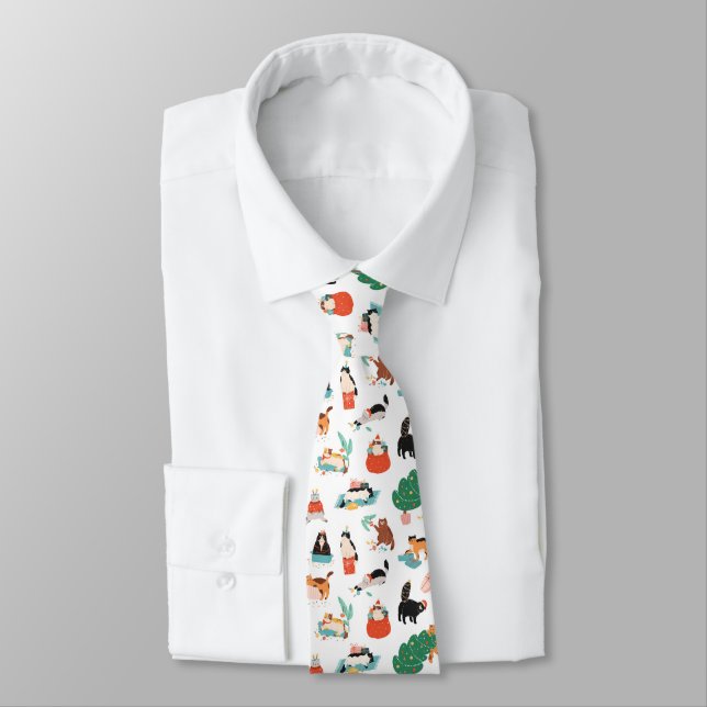 Playful Cats and Christmas Trees Pattern Tie (Tied)