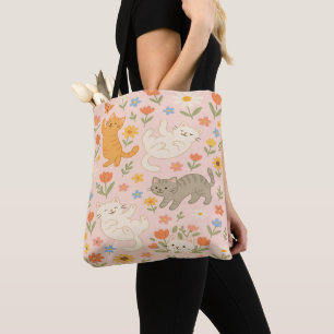 Playful Cats and Flowers Tote Bag – Adorable Pink